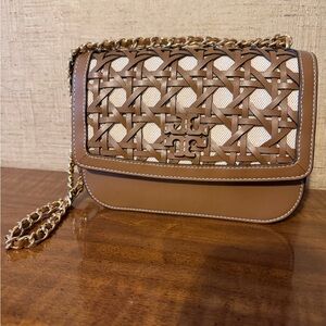 Tory Burch Britten Leather and Suede Basketweave Bag